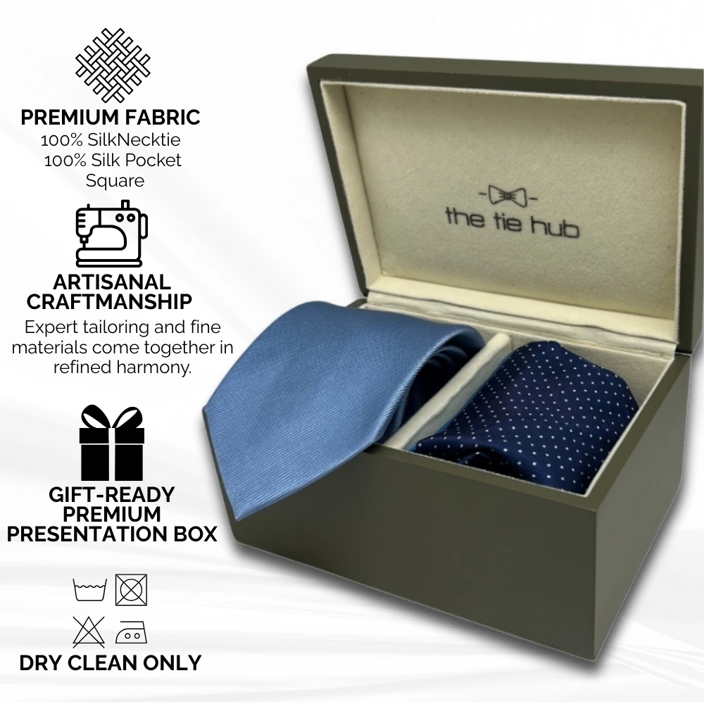 Blue Silk Necktie and Navy Blue Polka Dot Pocket Square Gift Set - Premium Men's Accessory Combo for Men