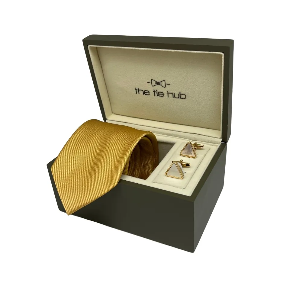 Gold Silk Necktie and Triangle Mother of Pearl Cufflinks Gift Set - Premium Men's Accessory Combo for Men