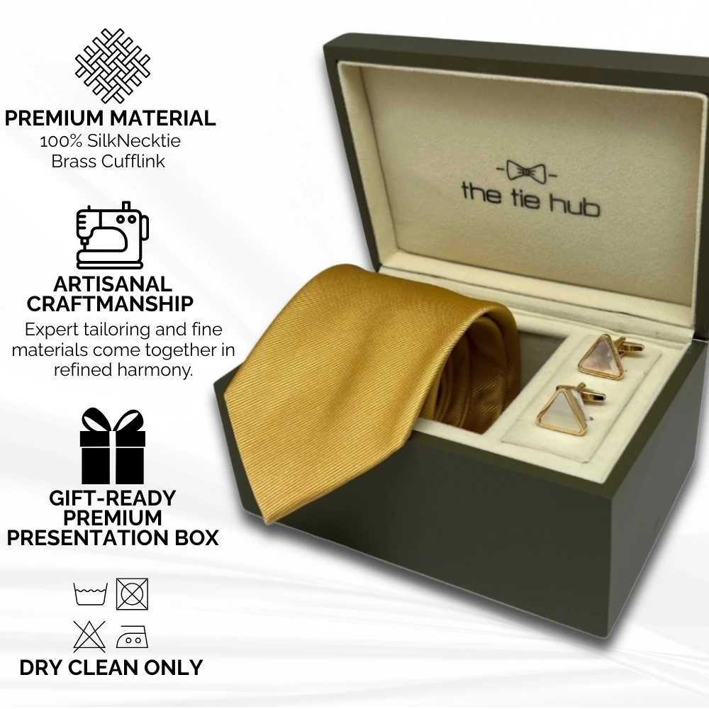 Gold Silk Necktie and Triangle Mother of Pearl Cufflinks Gift Set - Premium Men's Accessory Combo for Men