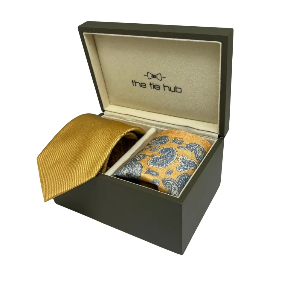 Gold Silk Necktie and Yellow Paisley Pocket Square Gift Set - Premium Men's Accessory Combo for Men