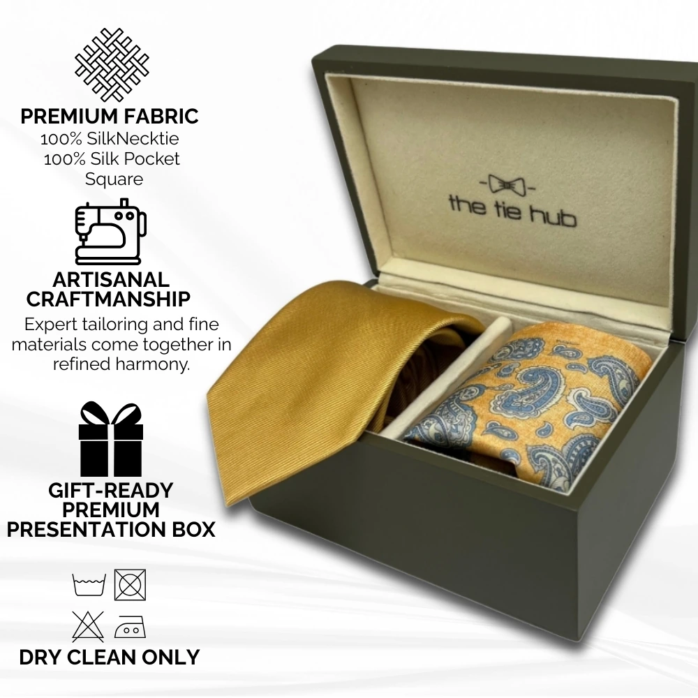 Gold Silk Necktie and Yellow Paisley Pocket Square Gift Set - Premium Men's Accessory Combo for Men