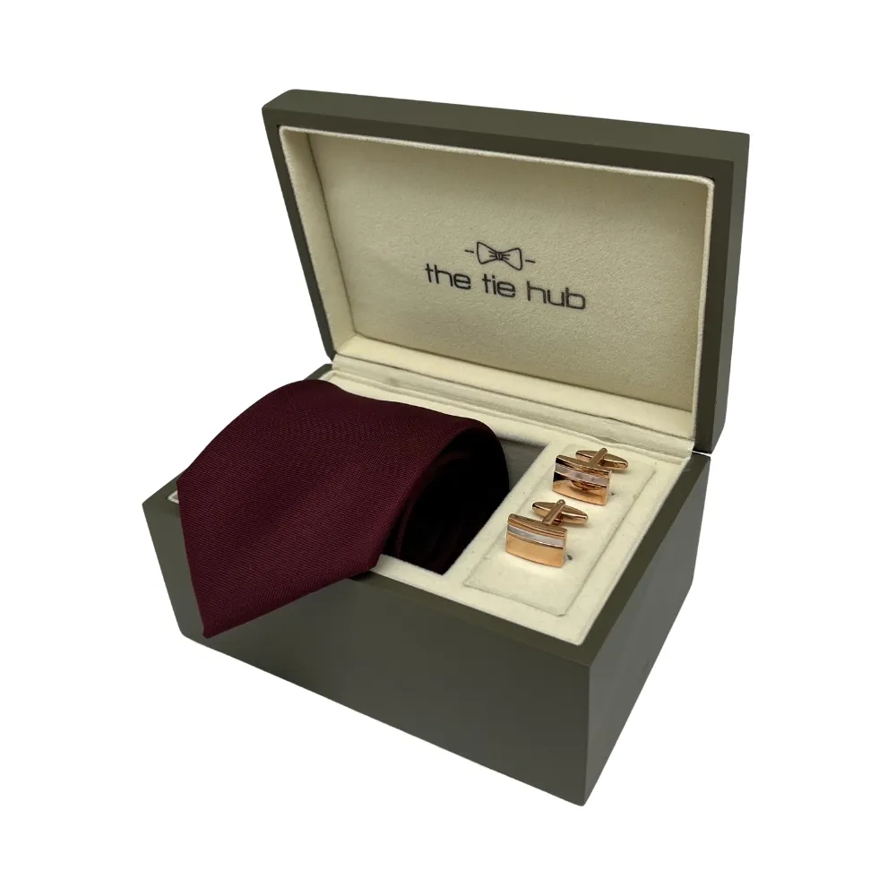 Burgundy Silk Necktie and Rose Gold Mother of Pearl Cufflinks Gift Set - Premium Mens Accessory Combo for Men