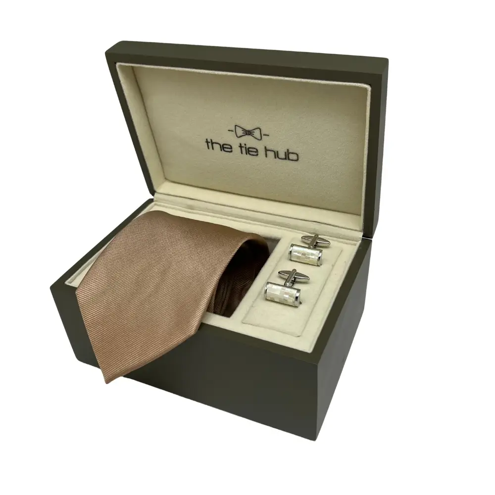 Beige Silk Necktie and Mother of Pearl Cufflinks Gift Set - Premium Men's Accessory Combo for Men