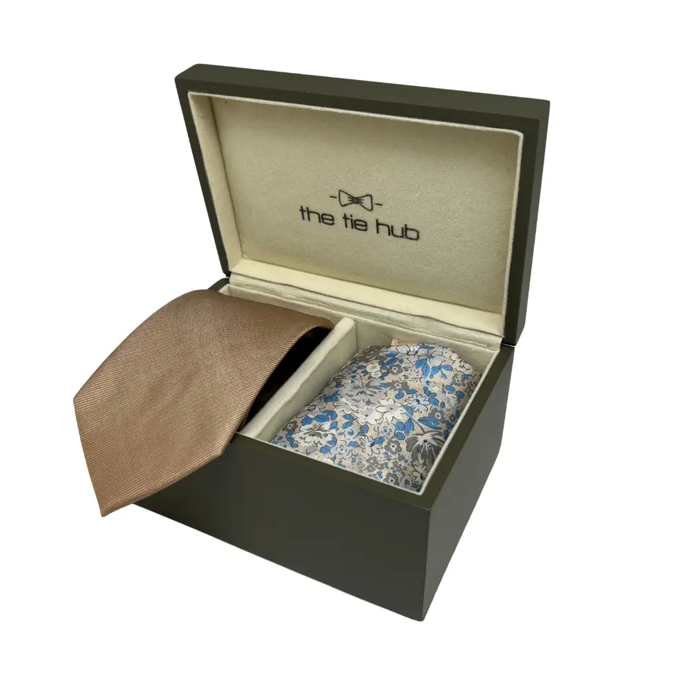 Beige Silk Necktie and Cream Floral Pocket Square Gift Set - Premium Mens Accessory Combo for Men
