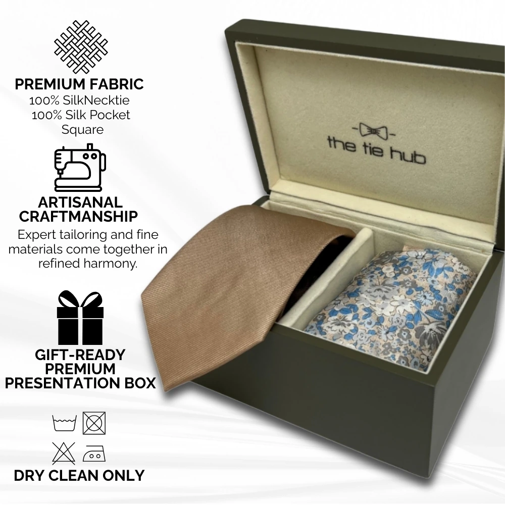 Beige Silk Necktie and Cream Floral Pocket Square Gift Set - Premium Mens Accessory Combo for Men