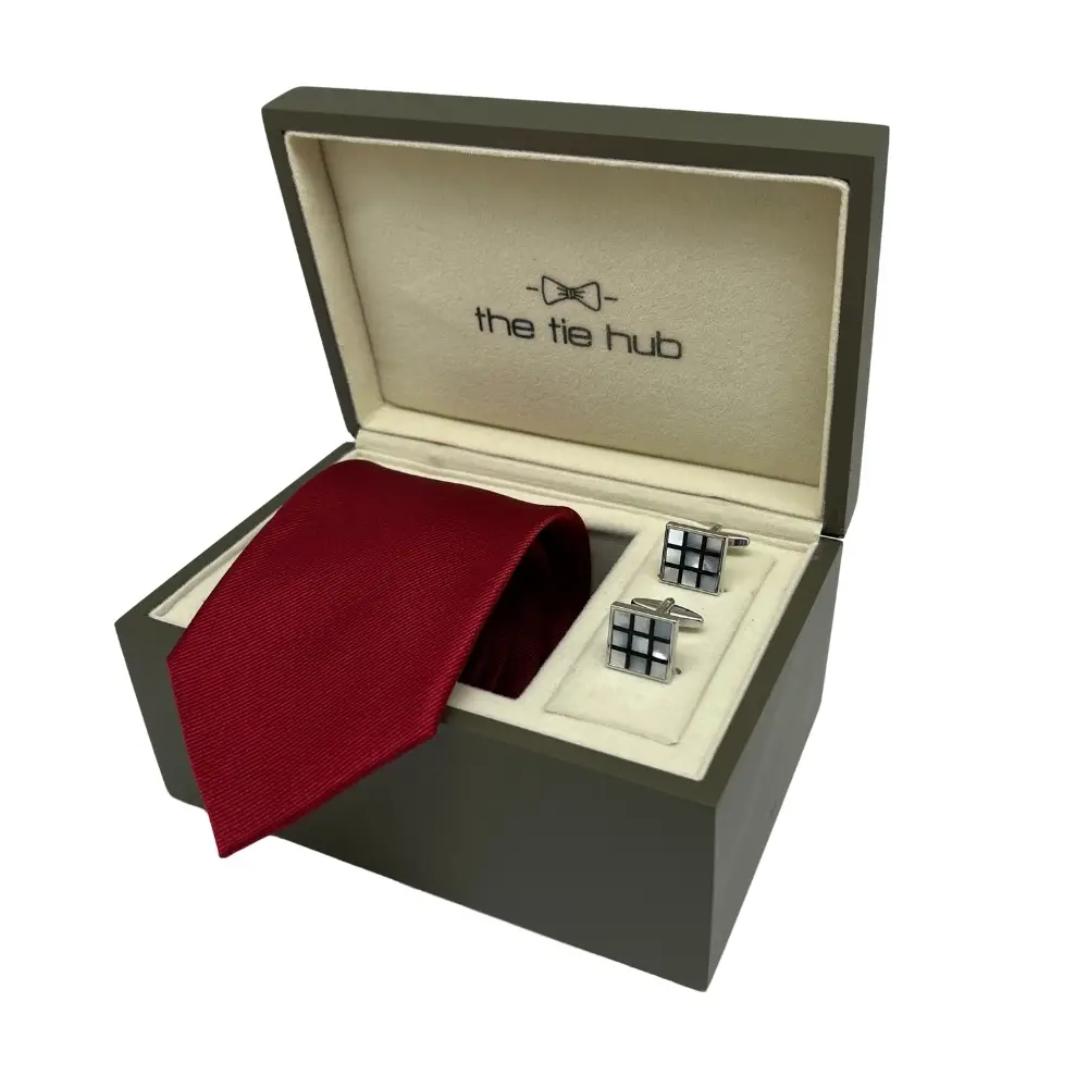 Red Silk Necktie and Checkered Cufflinks Gift Set - Premium Men's Accessory Combo for Men