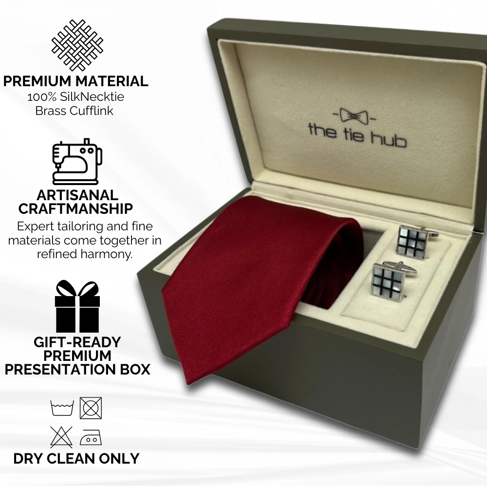 Red Silk Necktie and Checkered Cufflinks Gift Set - Premium Men's Accessory Combo for Men