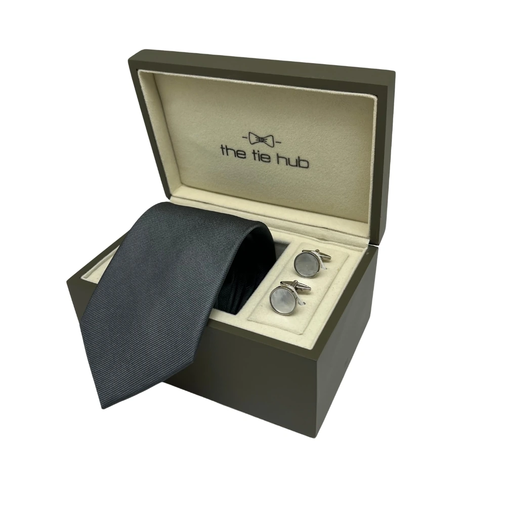 Grey Silk Necktie and Mother of Pearl Cufflinks Gift Set - Elegant Men's Accessory Combo for Men