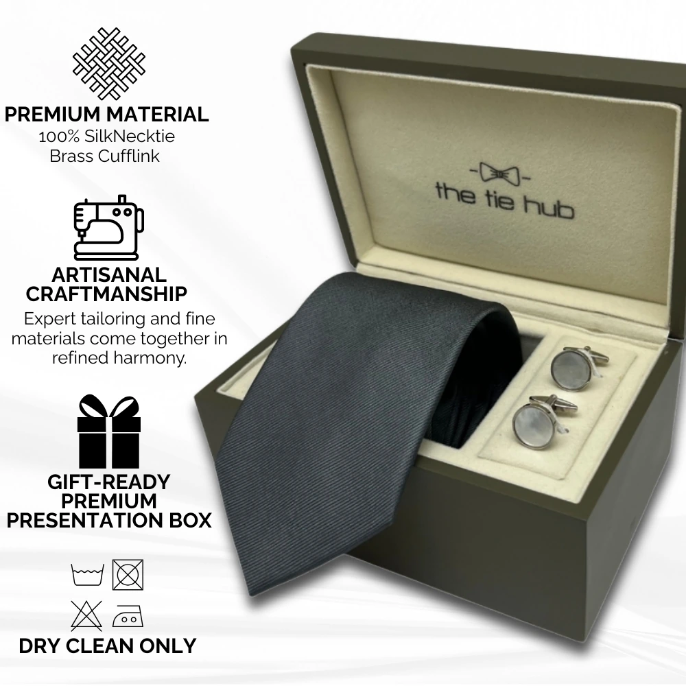 Grey Silk Necktie and Mother of Pearl Cufflinks Gift Set - Elegant Men's Accessory Combo for Men