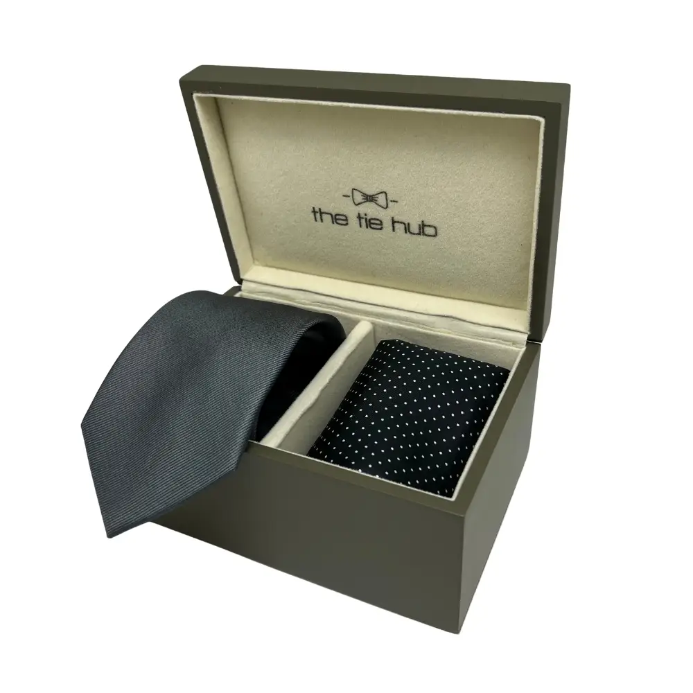 Grey Silk Necktie and Black Polka Dot Pocket Square Gift Set - Elegant Men's Accessory Combo for Men