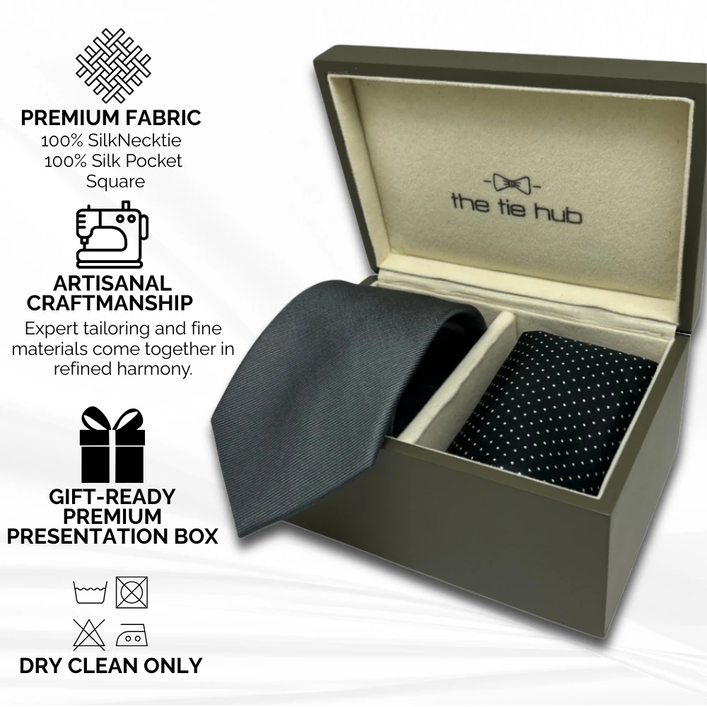 Grey Silk Necktie and Black Polka Dot Pocket Square Gift Set - Elegant Men's Accessory Combo for Men