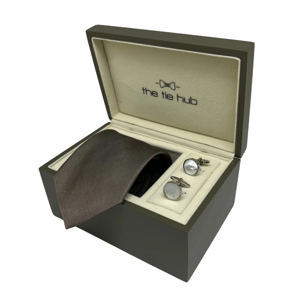 Brown Silk Necktie and Mother of Pearl Cufflinks Gift Set - Elegant Formal Combo for Men