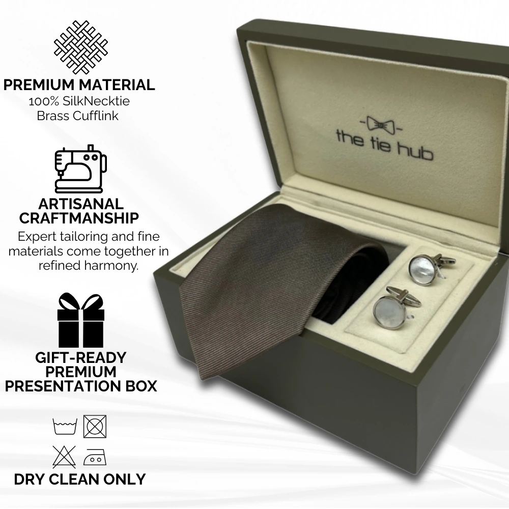 Brown Silk Necktie and Mother of Pearl Cufflinks Gift Set - Elegant Formal Combo for Men