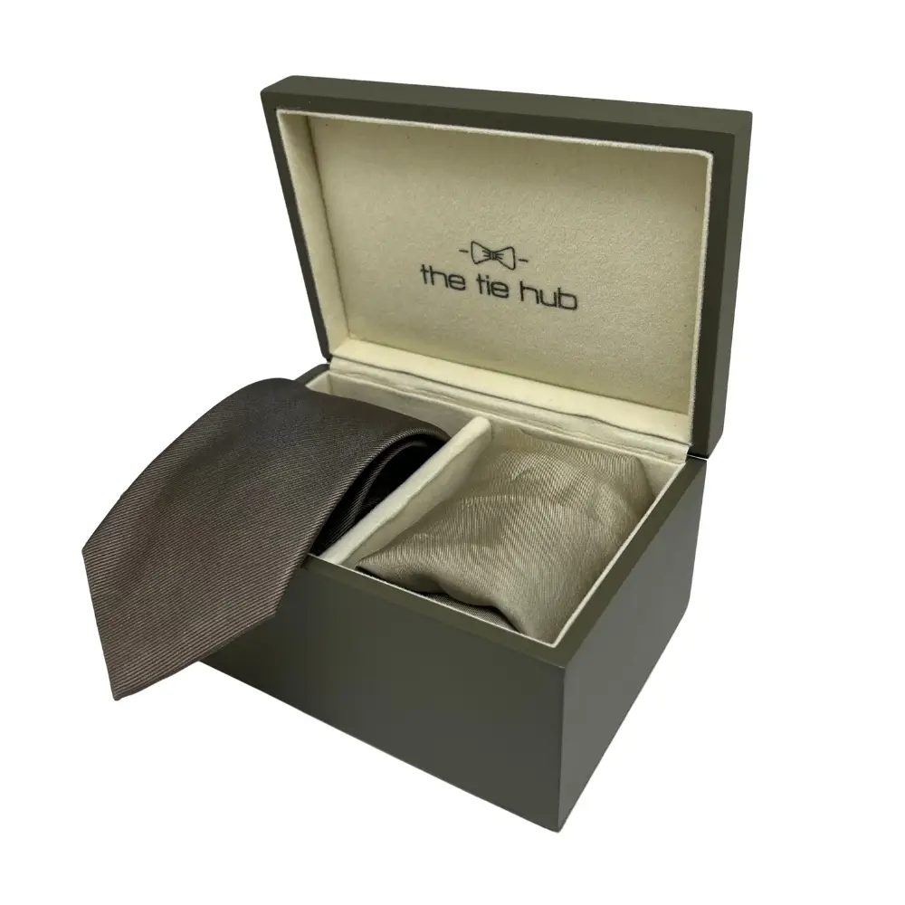Brown Silk Necktie and Beige Silk Pocket Square Gift Set for Men