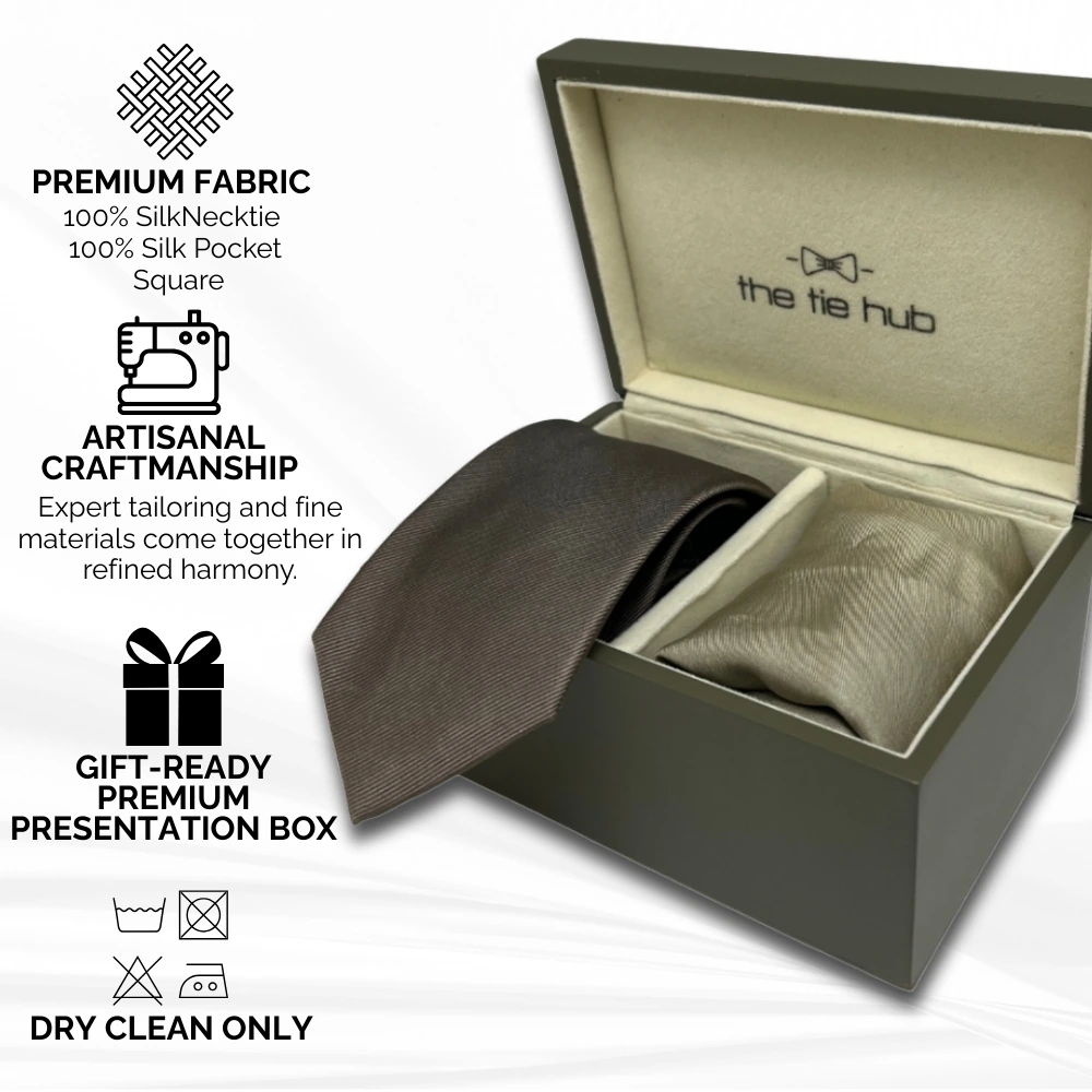Brown Silk Necktie and Beige Silk Pocket Square Gift Set for Men