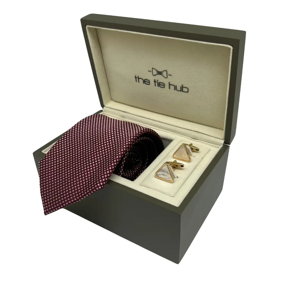 Maroon Silk Necktie and Gold Triangle Mother of Pearl Cufflinks Gift Set - Elegant Formal Combo for Men