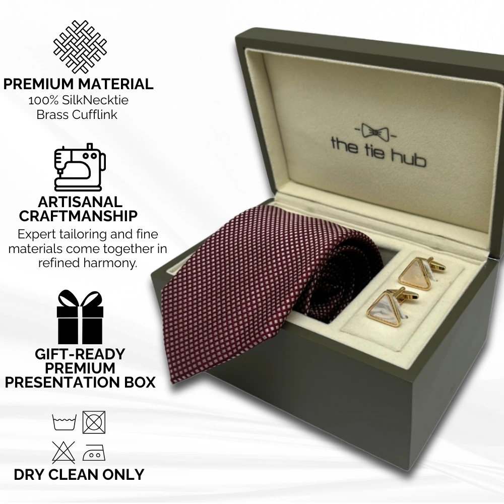 Maroon Silk Necktie and Gold Triangle Mother of Pearl Cufflinks Gift Set - Elegant Formal Combo for Men