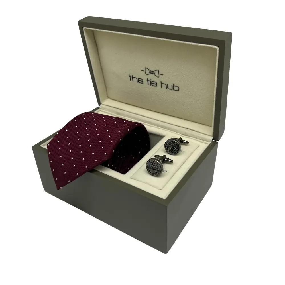 Maroon Silk Polka Dot Necktie and Gunmetal Brass Cufflinks Gift Set - Elegant Men's Formal Combo for Men