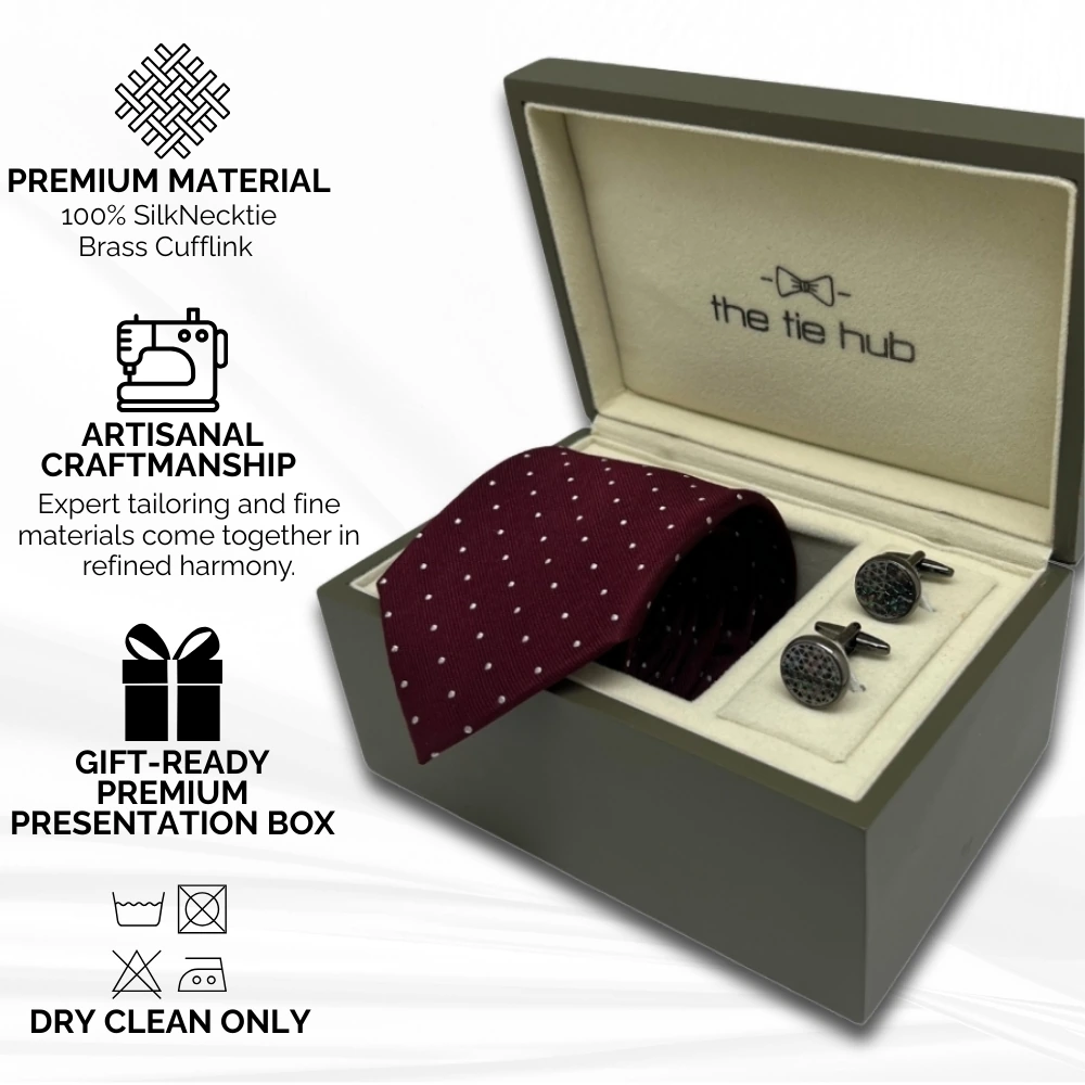Maroon Silk Polka Dot Necktie and Gunmetal Brass Cufflinks Gift Set - Elegant Men's Formal Combo for Men