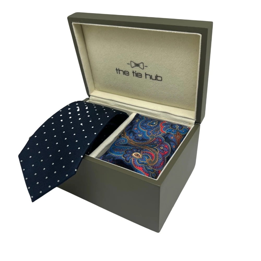 Blue Polka Dot Silk Necktie and Paisley Pocket Square Gift Set - Premium Formal Combo for Men