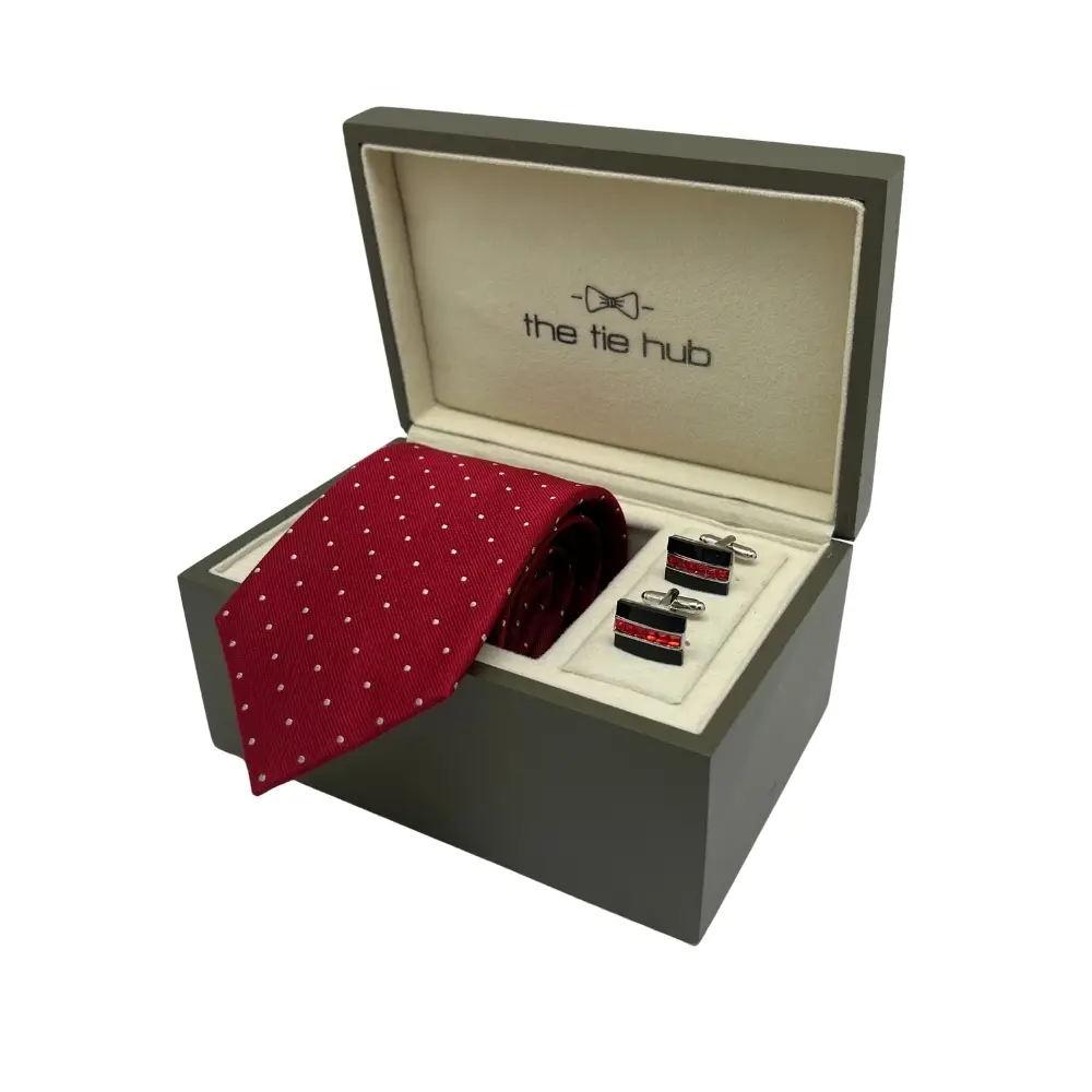 Red Polka Dot Silk Necktie and Black Brass Cufflinks Gift Set - Stylish Formal Combo for Men