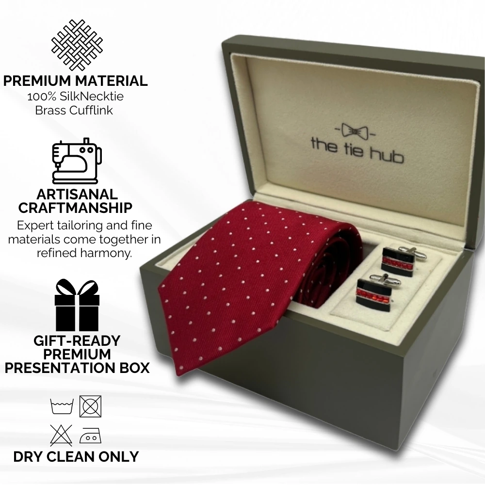 Red Polka Dot Silk Necktie and Black Brass Cufflinks Gift Set - Stylish Formal Combo for Men