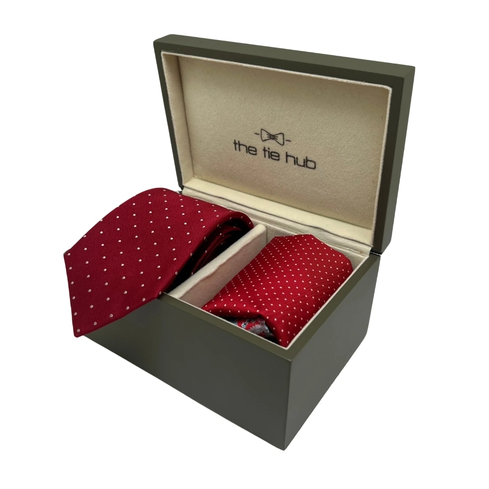 Red Polka Dot Silk Necktie and Matching Red Silk Pocket Square Gift Set - Perfect for Formal Occasions for Men