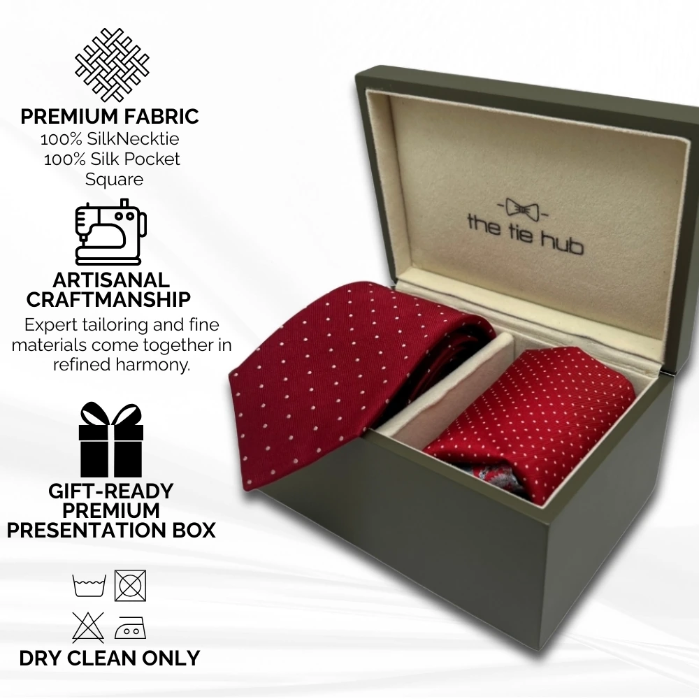 Red Polka Dot Silk Necktie and Matching Red Silk Pocket Square Gift Set - Perfect for Formal Occasions for Men