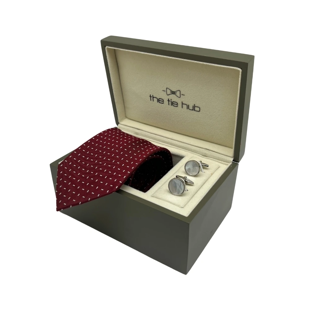 Maroon Silk Necktie and Mother of Pearl Brass Cufflinks Gift Set - a Stylish Combo for Men