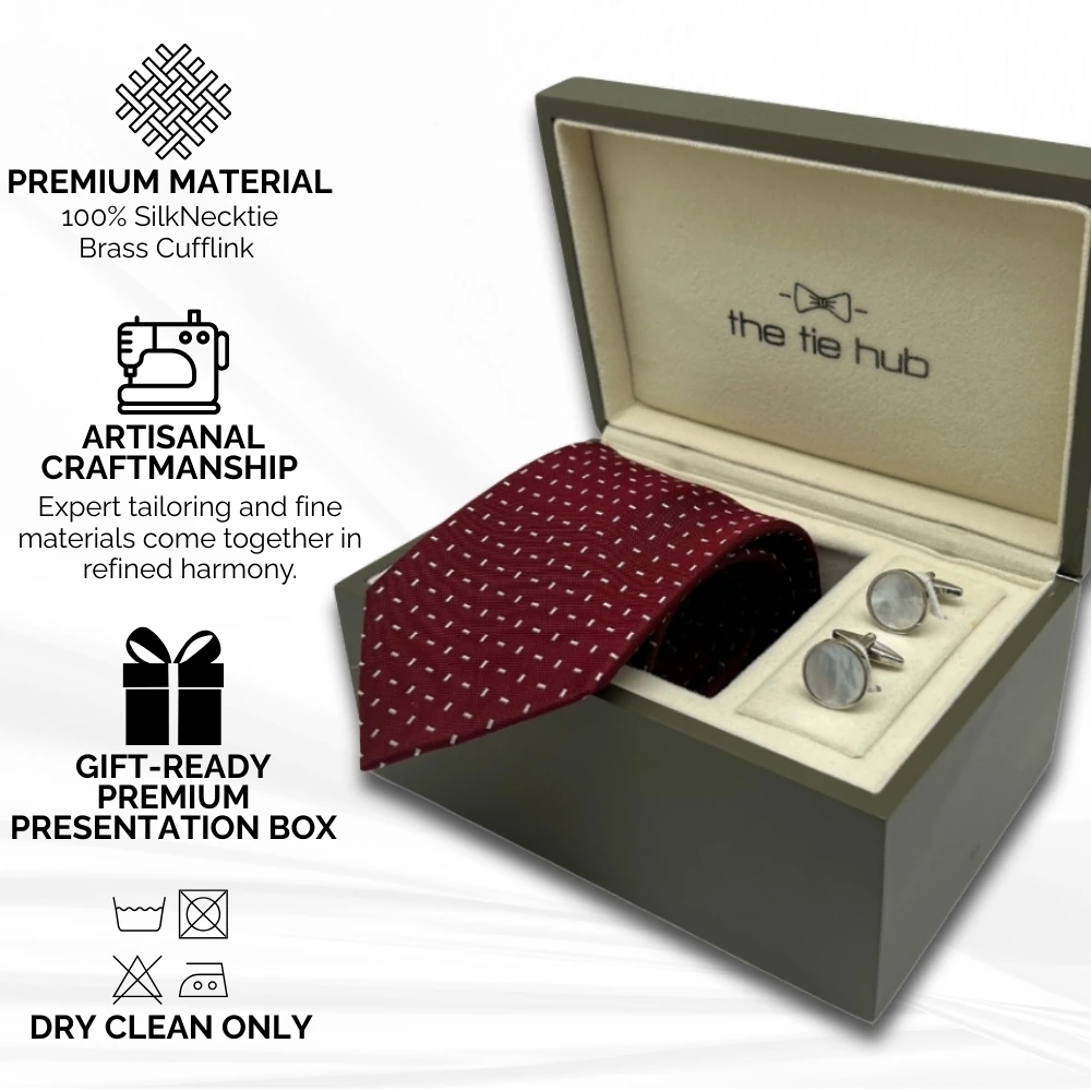 Maroon Silk Necktie and Mother of Pearl Brass Cufflinks Gift Set - a Stylish Combo for Men
