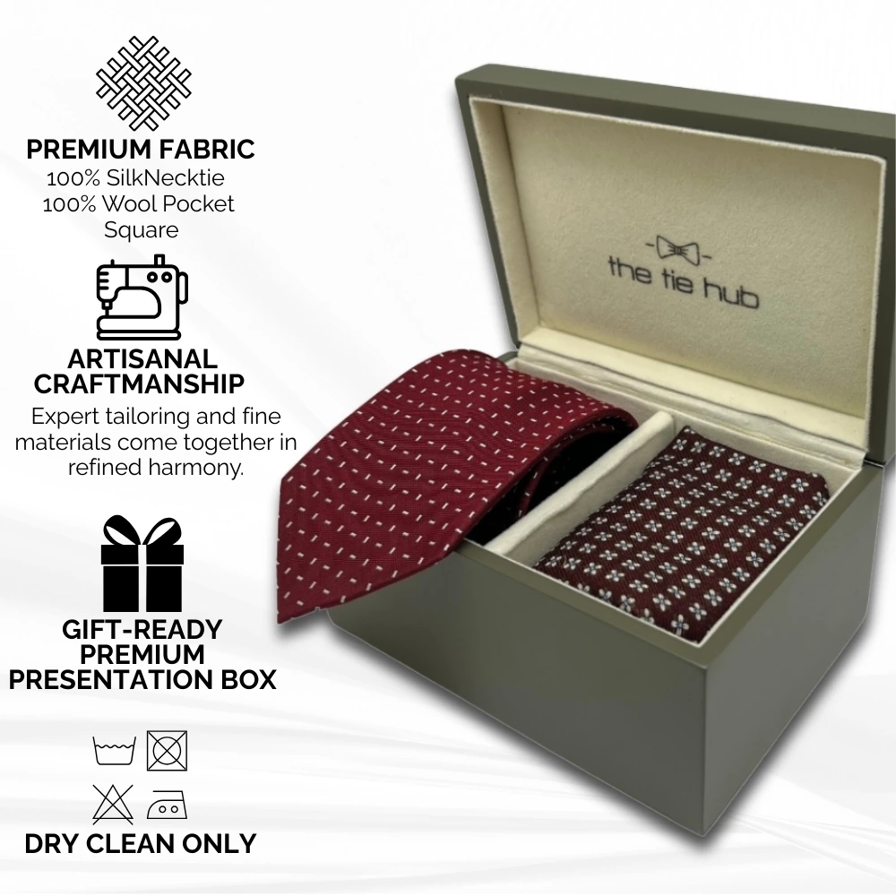 Maroon Silk Necktie and Burgundy Wool Pocket Square Gift Set - a Sophisticated Combo for Men
