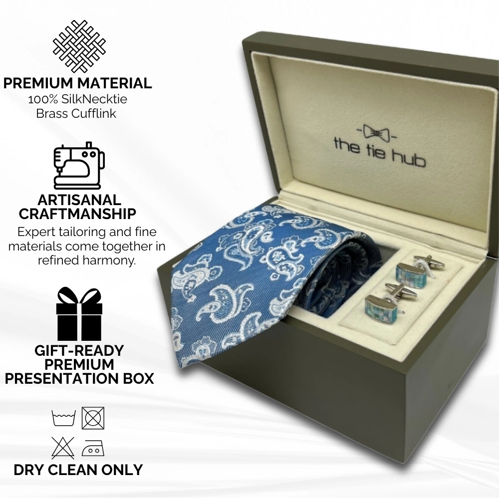 Blue Silk Necktie and Blue Brass Cufflinks Gift Set - a Timeless Combo for Men