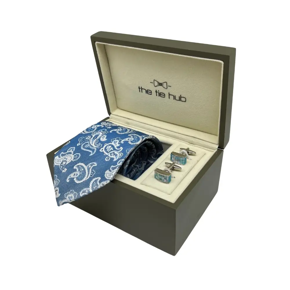 Blue Silk Necktie and Blue Brass Cufflinks Gift Set - a Timeless Combo for Men