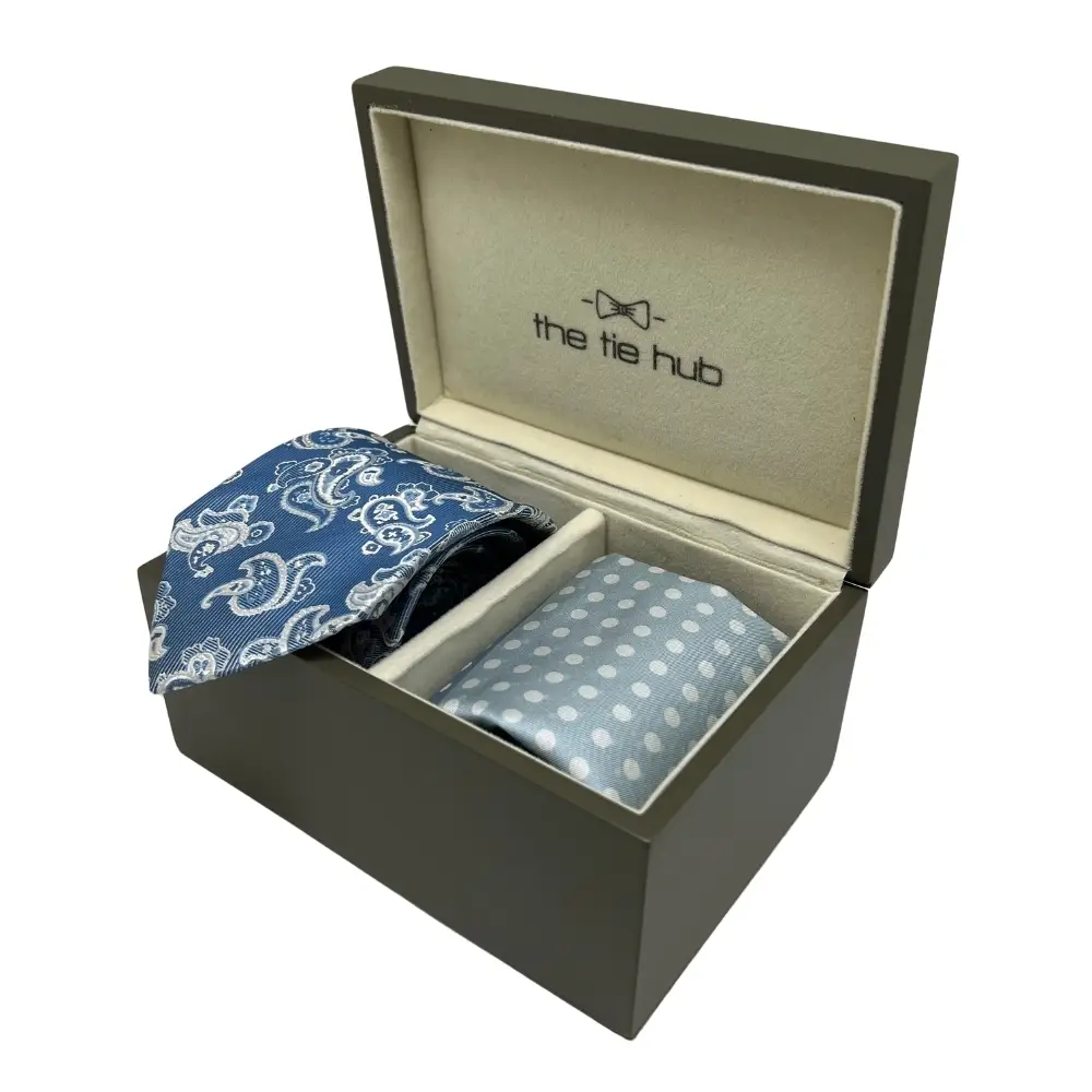 Blue Silk Necktie and Polka Dot Pocket Square Gift Set - a Charming Combo for Men