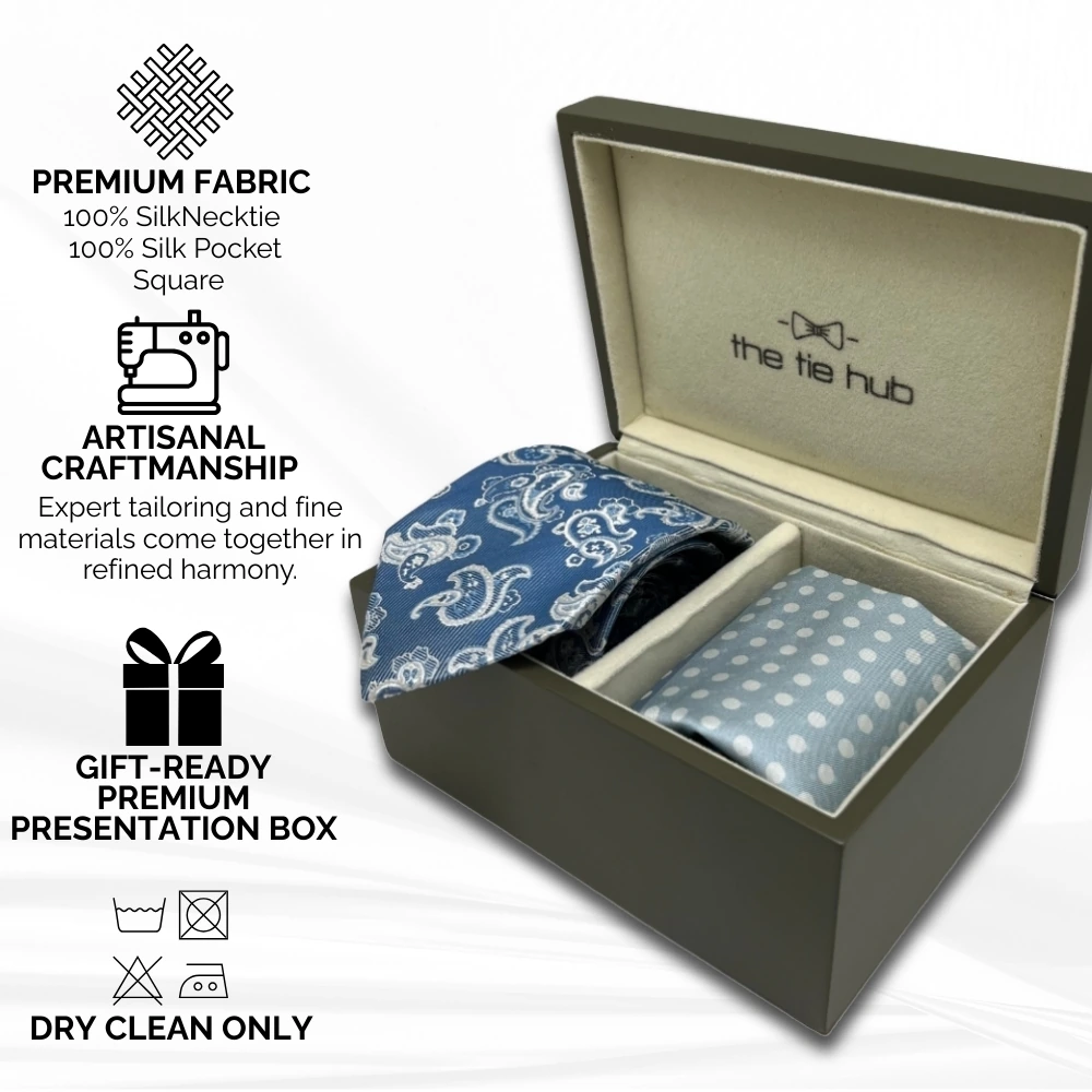 Blue Silk Necktie and Polka Dot Pocket Square Gift Set - a Charming Combo for Men