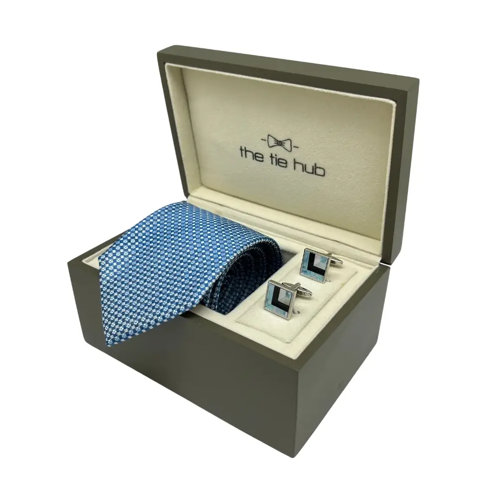 Blue Silk Necktie and Blue Brass Cufflinks Gift Set - a Sophisticated Combo for Men