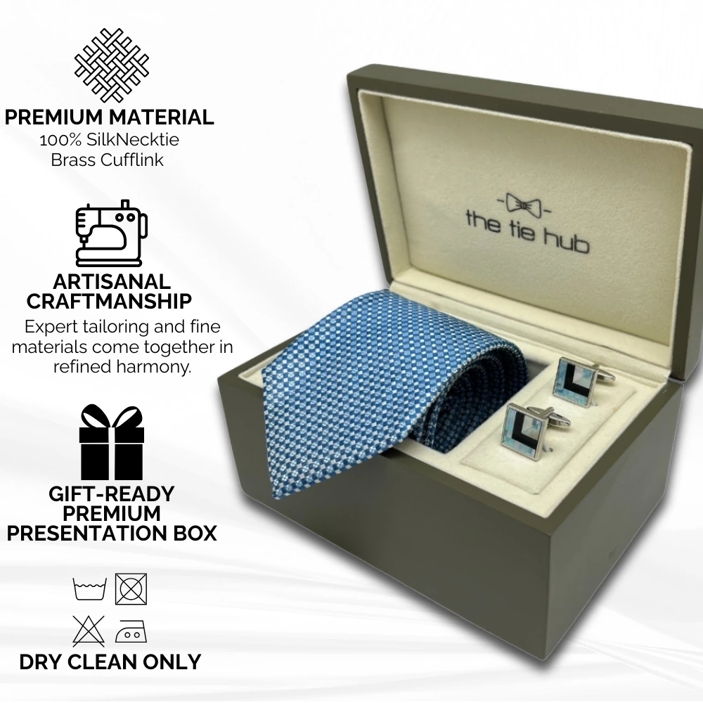 Blue Silk Necktie and Blue Brass Cufflinks Gift Set - a Sophisticated Combo for Men