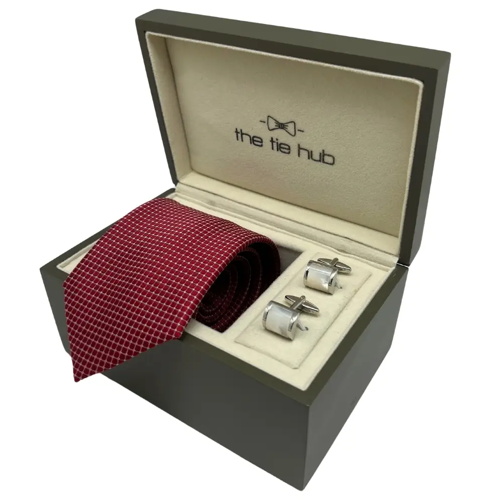Red Silk Necktie and Mother of Pearl Silver Brass Cufflinks Gift Set - a Classic Combo for Men