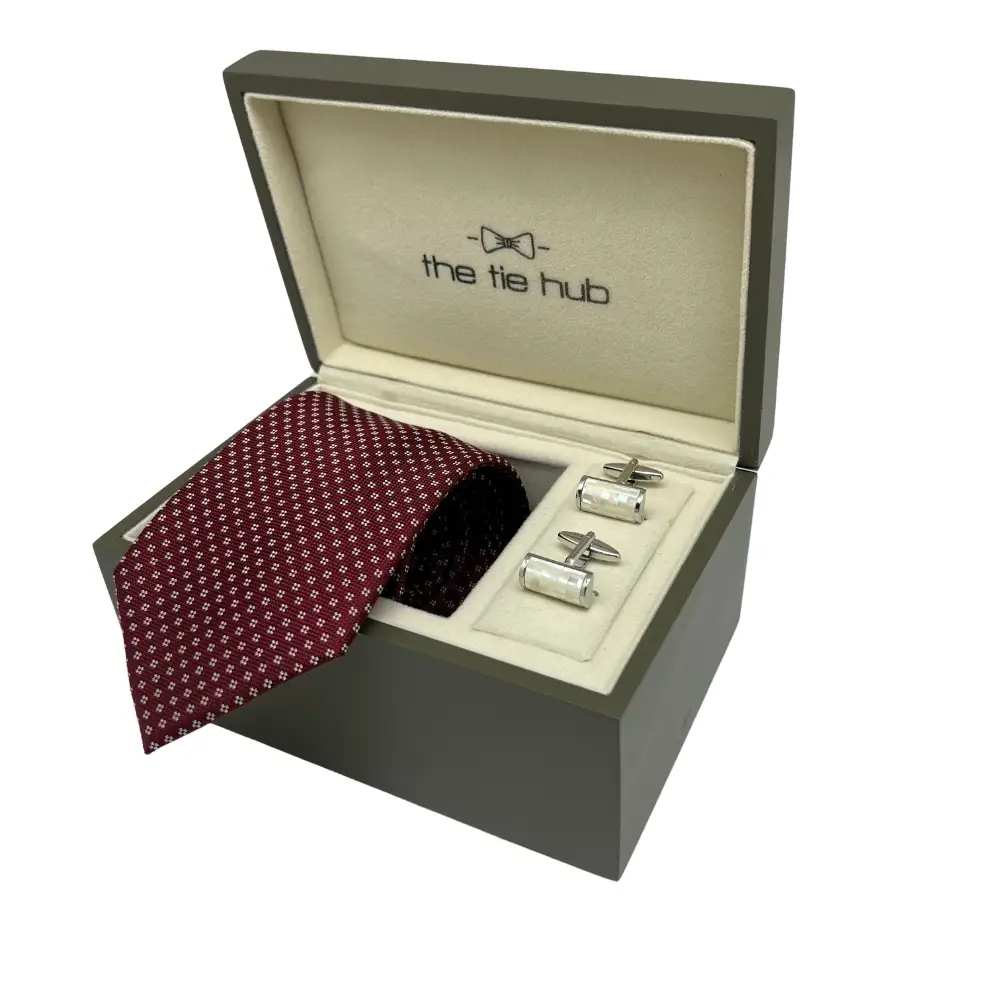 Burgundy Silk Necktie and Mother of Pearl Cufflinks Gift Set - a Refined Combo for Men