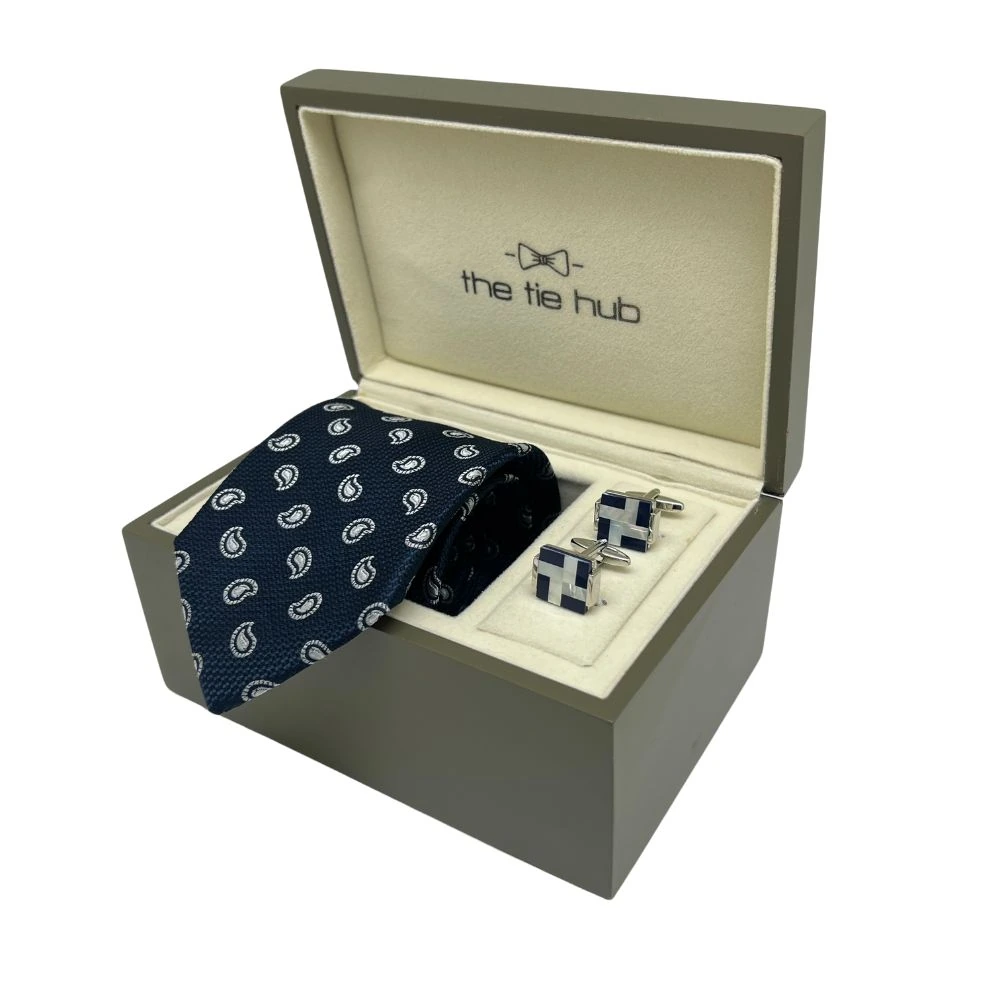 Navy Blue Silk Necktie and Brass Cufflinks Gift Set a Stylish Combo for Men