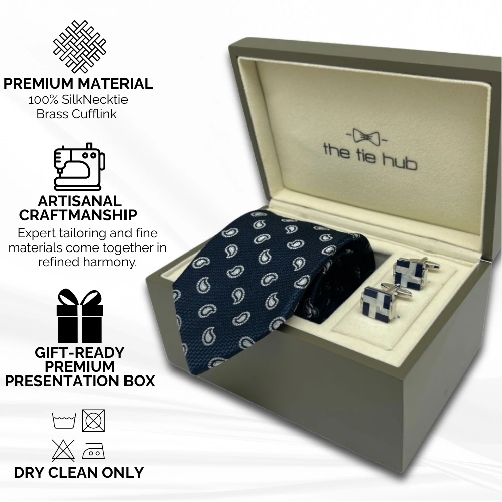 Navy Blue Silk Necktie and Brass Cufflinks Gift Set a Stylish Combo for Men