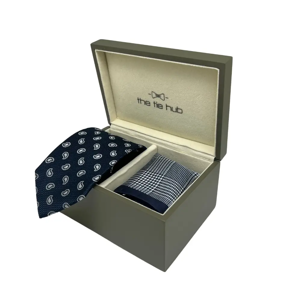 Navy Blue Silk Necktie and Stylish Pocket Square Gift Set - a Perfect Combo for Men