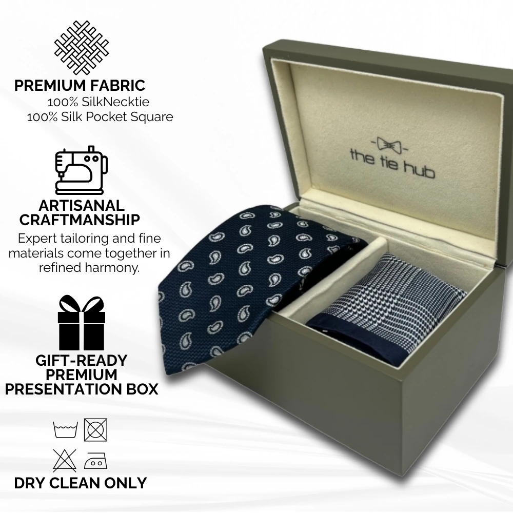 Navy Blue Silk Necktie and Stylish Pocket Square Gift Set - a Perfect Combo for Men