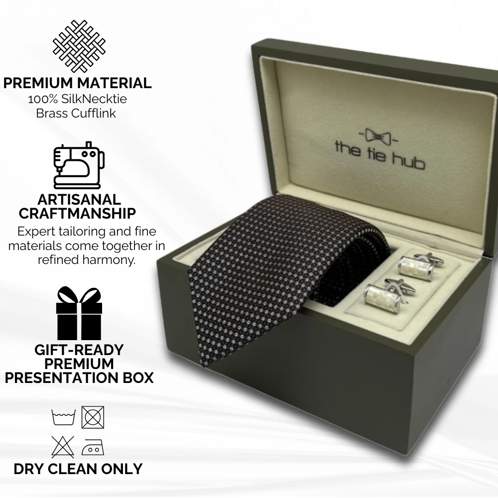 Navy Blue and Beige Silk Necktie and Mother of Pearl Cufflinks Gift Set - a Stylish Combo for Men