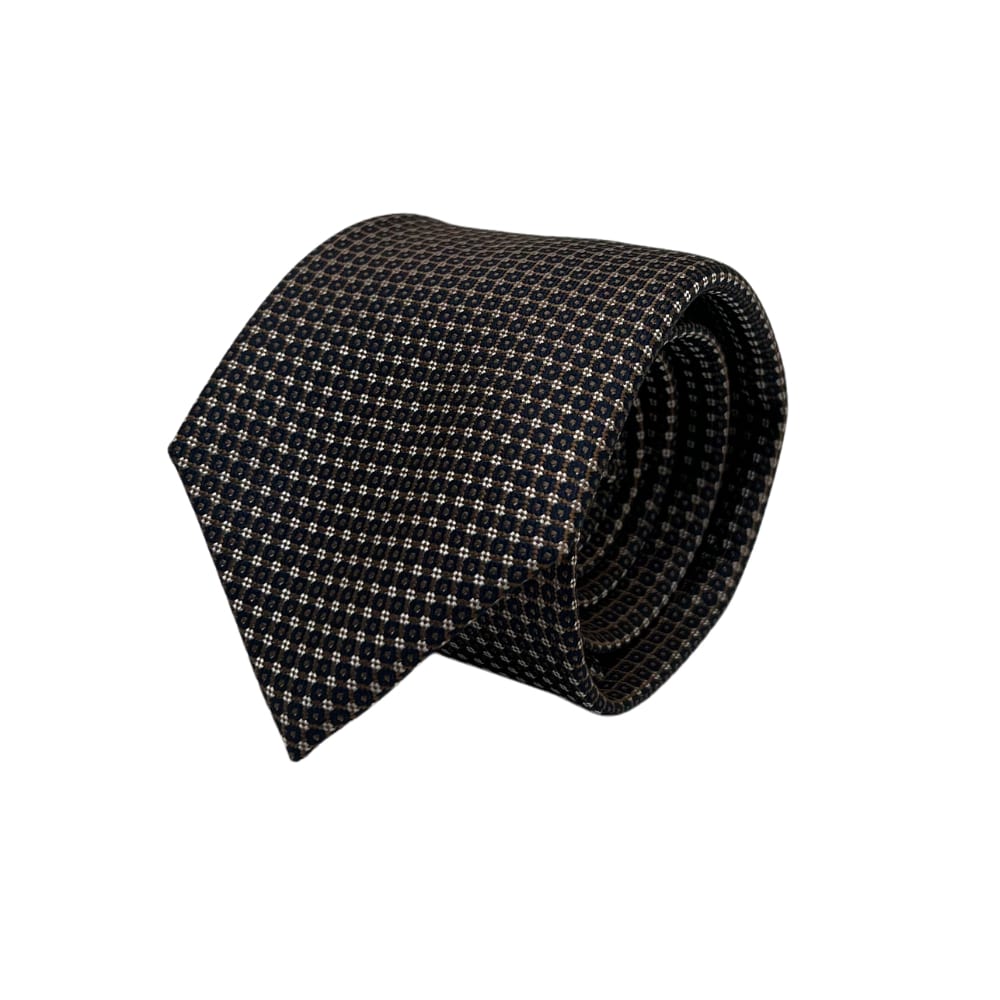 Navy Blue and Beige Silk Necktie and Brown Wool Pocket Square Gift Set - a Stylish Combo for Men