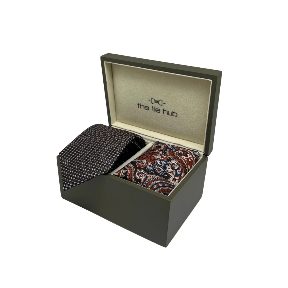 Navy Blue and Beige Silk Necktie and Brown Wool Pocket Square Gift Set - a Stylish Combo for Men