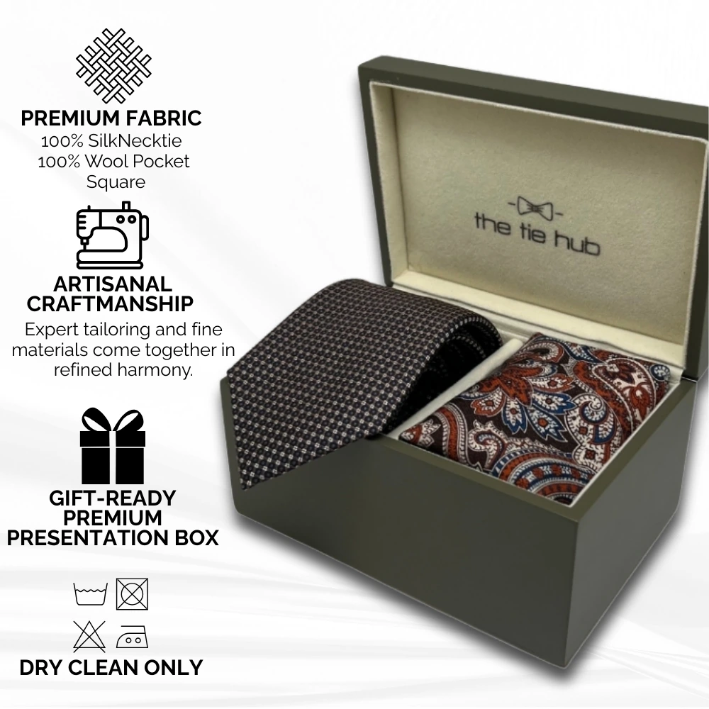 Navy Blue and Beige Silk Necktie and Brown Wool Pocket Square Gift Set - a Stylish Combo for Men