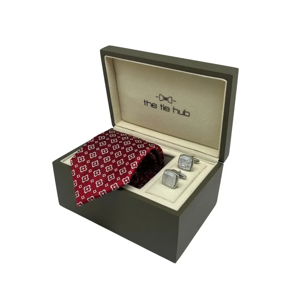 Red Silk Necktie and Mother of Pearl Brass Cufflinks Gift Set - a Stylish Combo for Men