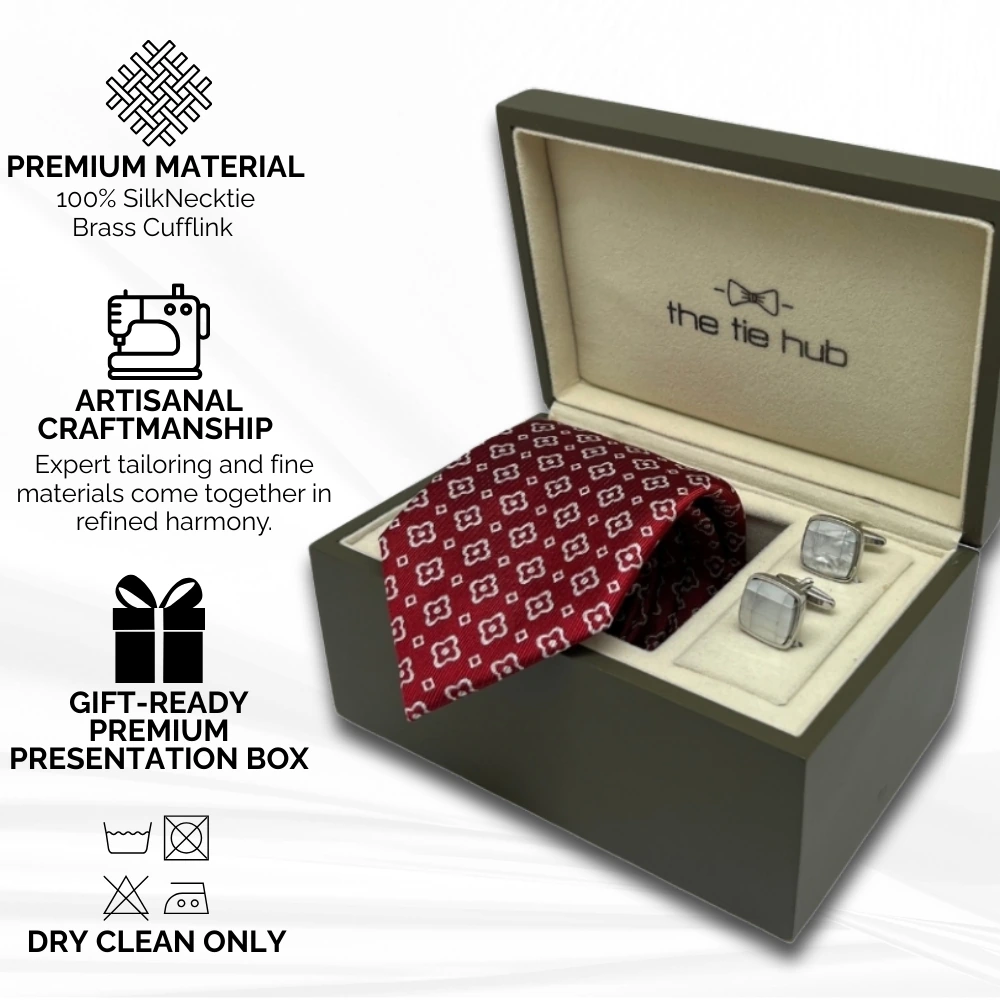 Red Silk Necktie and Mother of Pearl Brass Cufflinks Gift Set - a Stylish Combo for Men