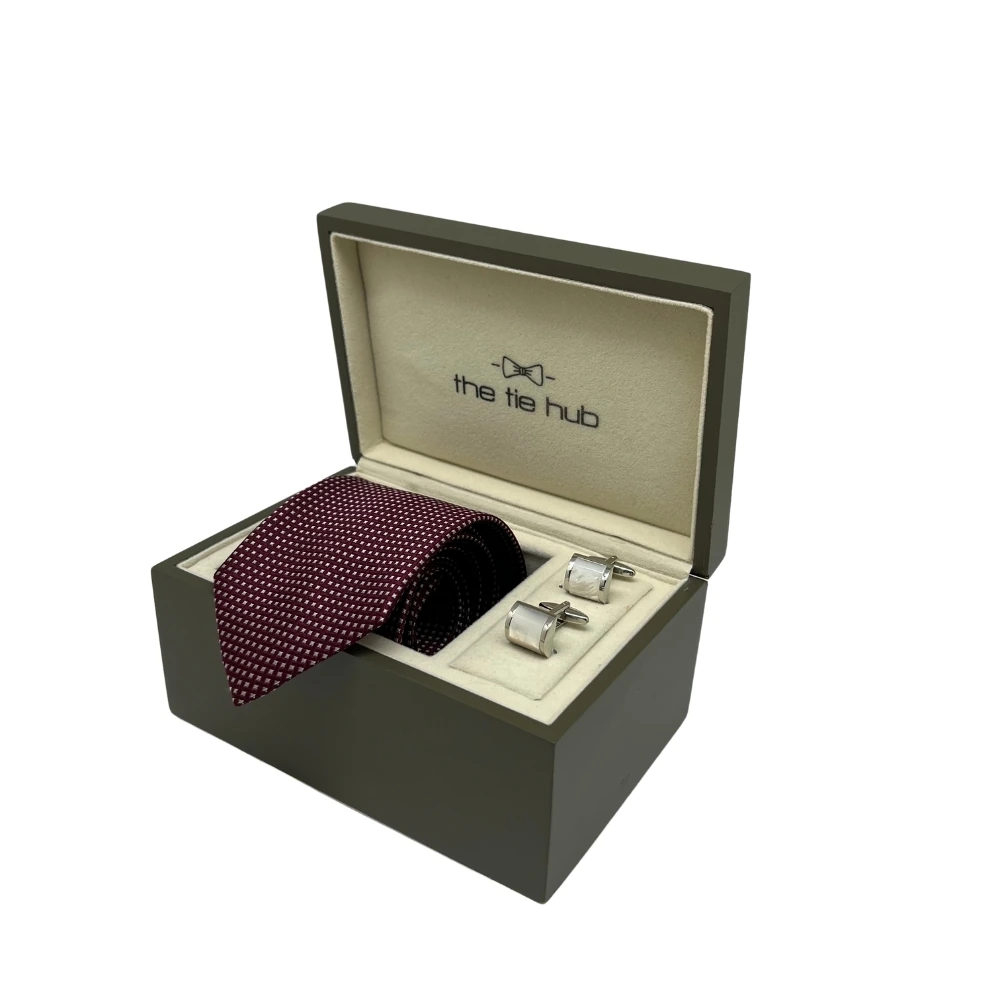 Maroon Silk Necktie and Mother of Pearl Cufflinks Gift Set - a Classic Choice for Men